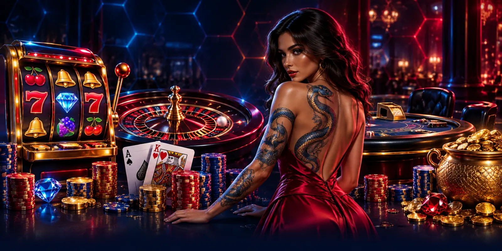 Croupière zwischen Slot, Roulette und Chips in der Lobby von ViperWin Casino